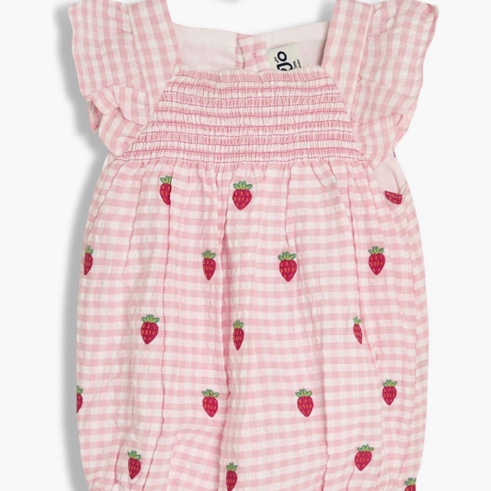 JoJo Maman Bebe Pink Checkered Strawberry Romper